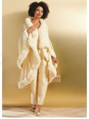 Plush Faux Fur-Trim Cape in Cream